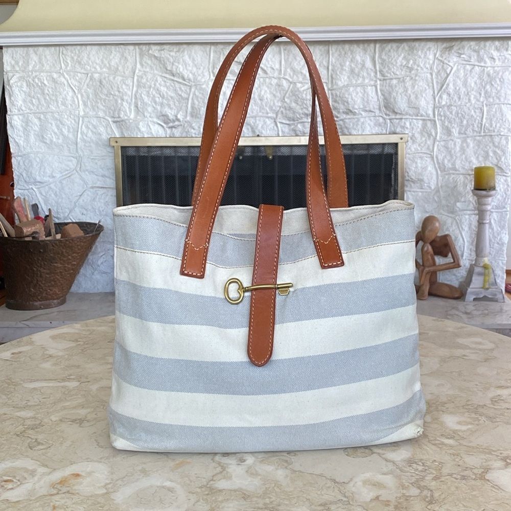 Fossil Austin Cream Blue Stripe Coated Canvas Leather Nautical Tote Shoulder Bag